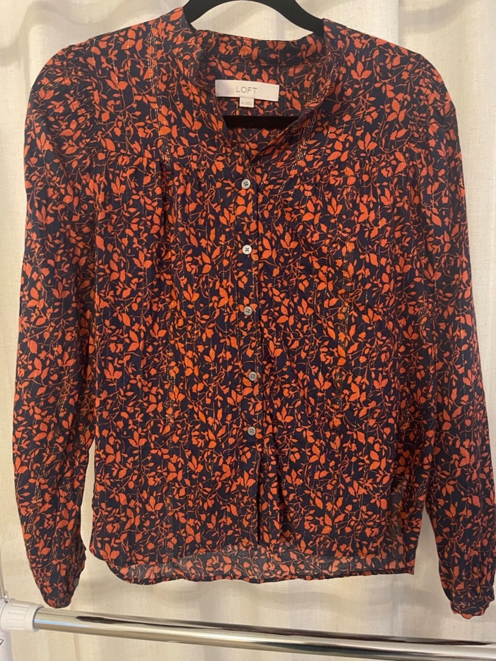 LOFT Navy and Orange Floral Button-Down Blouse